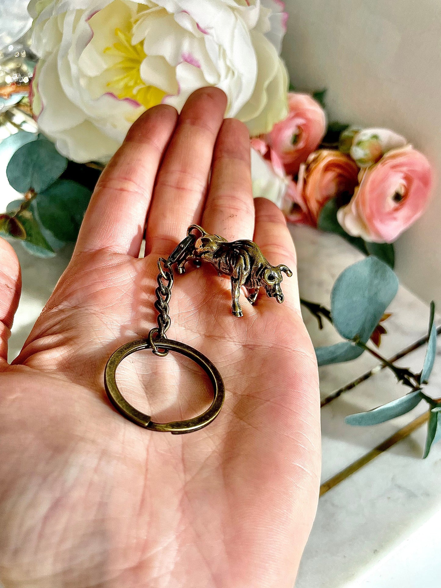 Solid Brass Bull small figurine, Horns charge Bullish, Taurus pendant, bull keychain, Spanish Bull pendant