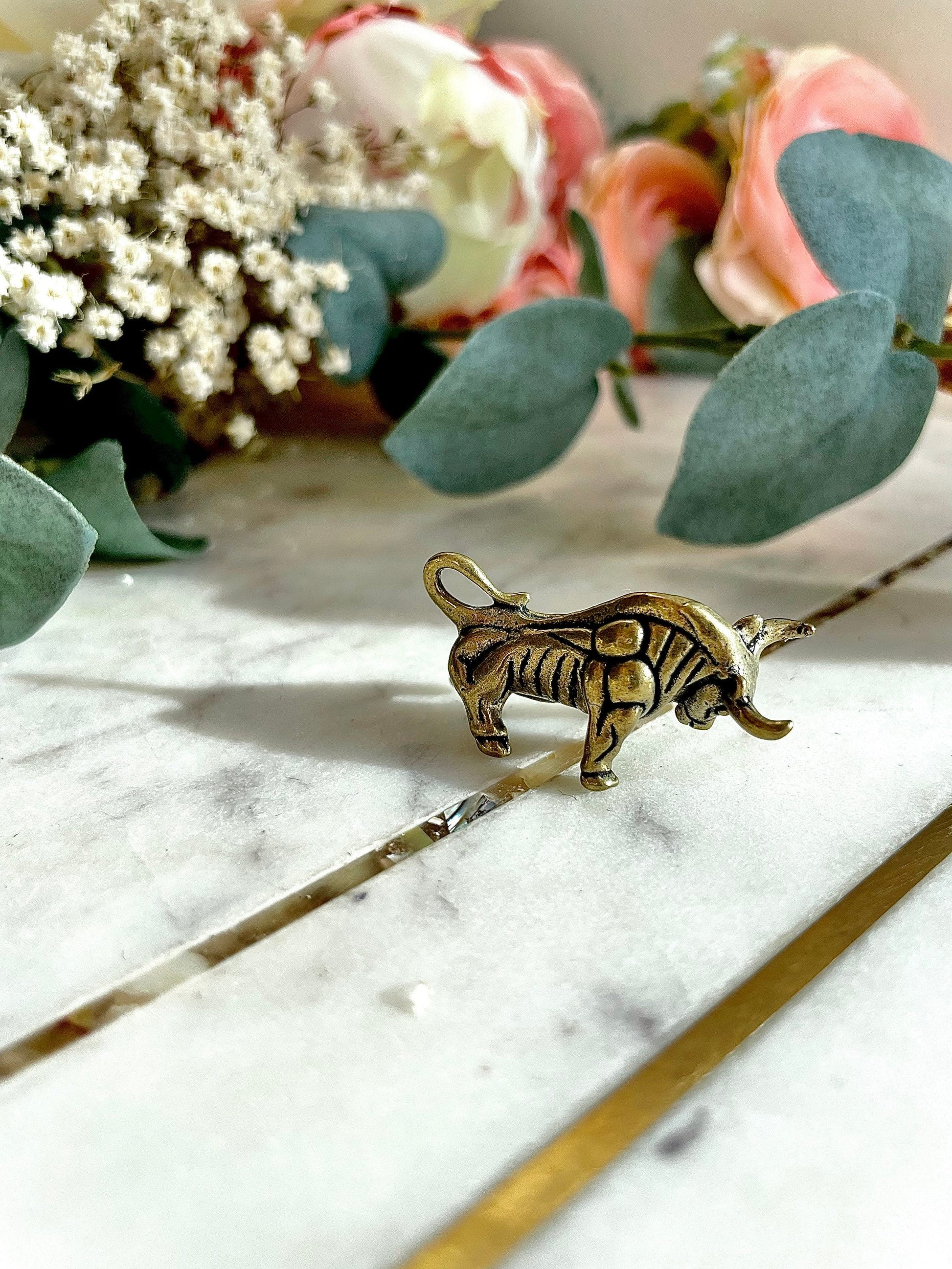 Solid Brass Bull small figurine, Horns charge Bullish, Taurus pendant, bull keychain, Spanish Bull pendant
