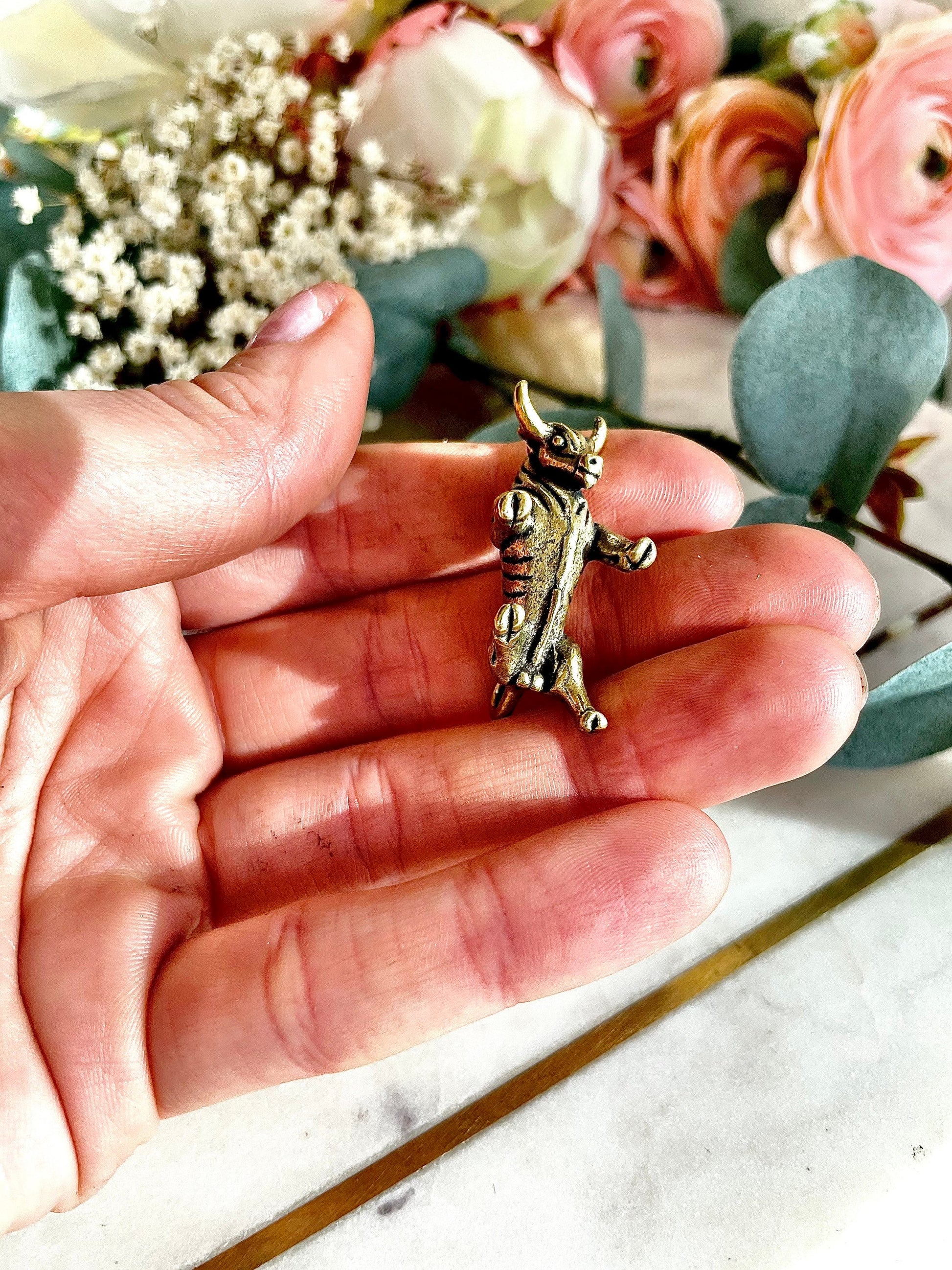Solid Brass Bull small figurine, Horns charge Bullish, Taurus pendant, bull keychain, Spanish Bull pendant