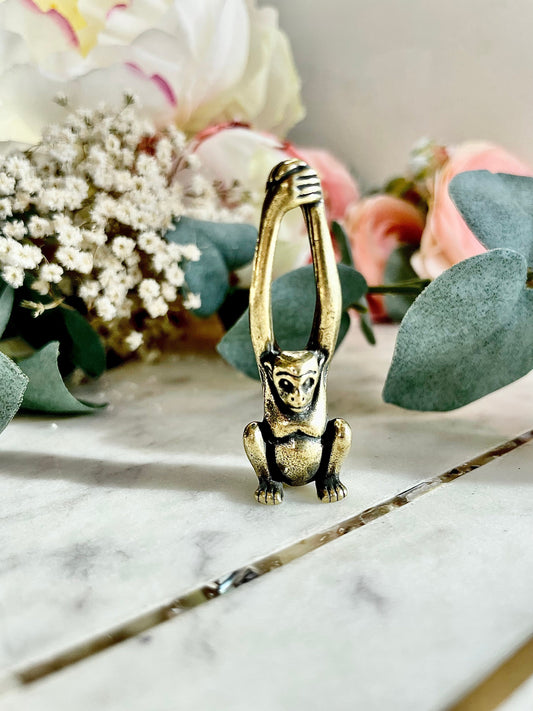 Solid Brass funny monkey figurine ,animal figurine pendant, Cute Gibbon Monkey with Arms Stretched Up Hand