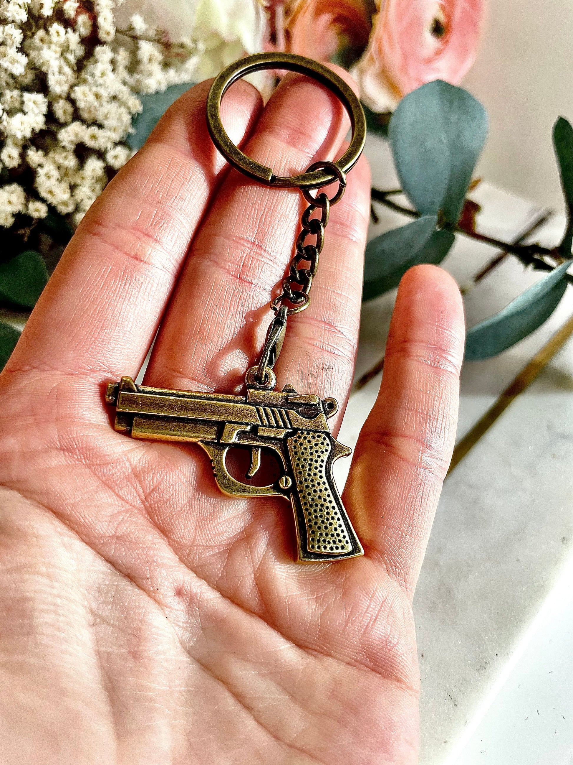 Pistol Pendant Necklace - Solid Brass Gun Pendant, Metal Weapon Keychain