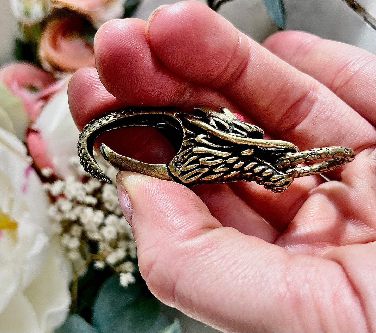 Solid Brass Chinese Dragon with red stone Keychain, Brass Dragon Head, Brass Key Ring Hook, Belt Hook