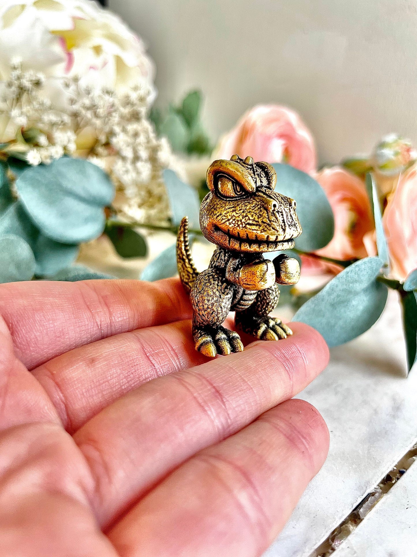 Solid brass dino boxer figurine, cute dinosaur with boxing gloves statuette, gon ornament, Mondo Jurassic Park T-Rex, gift for boxer