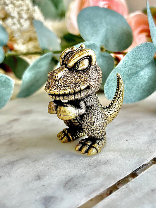 Solid brass dino boxer figurine, cute dinosaur with boxing gloves statuette, gon ornament, Mondo Jurassic Park T-Rex, gift for boxer