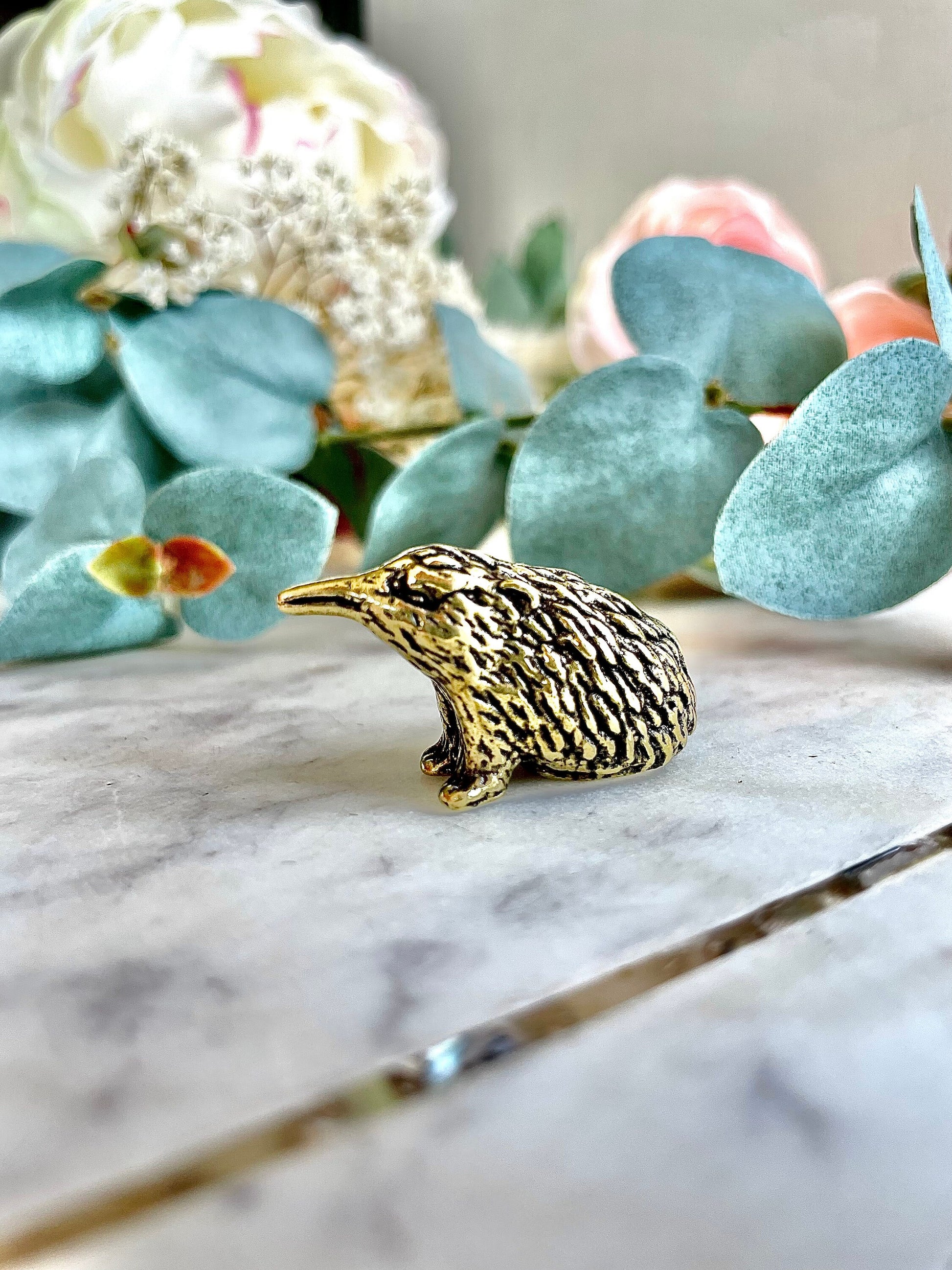 Solid brass Ehidna figurine, mole Rat figurine, Ant Mouse, garden animal ornament, brass gentleman in black velvet statuette