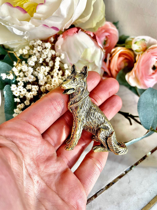 Solid brass German Shepherd dog figurine Tiny Retro animal, Good Luck Housewarming