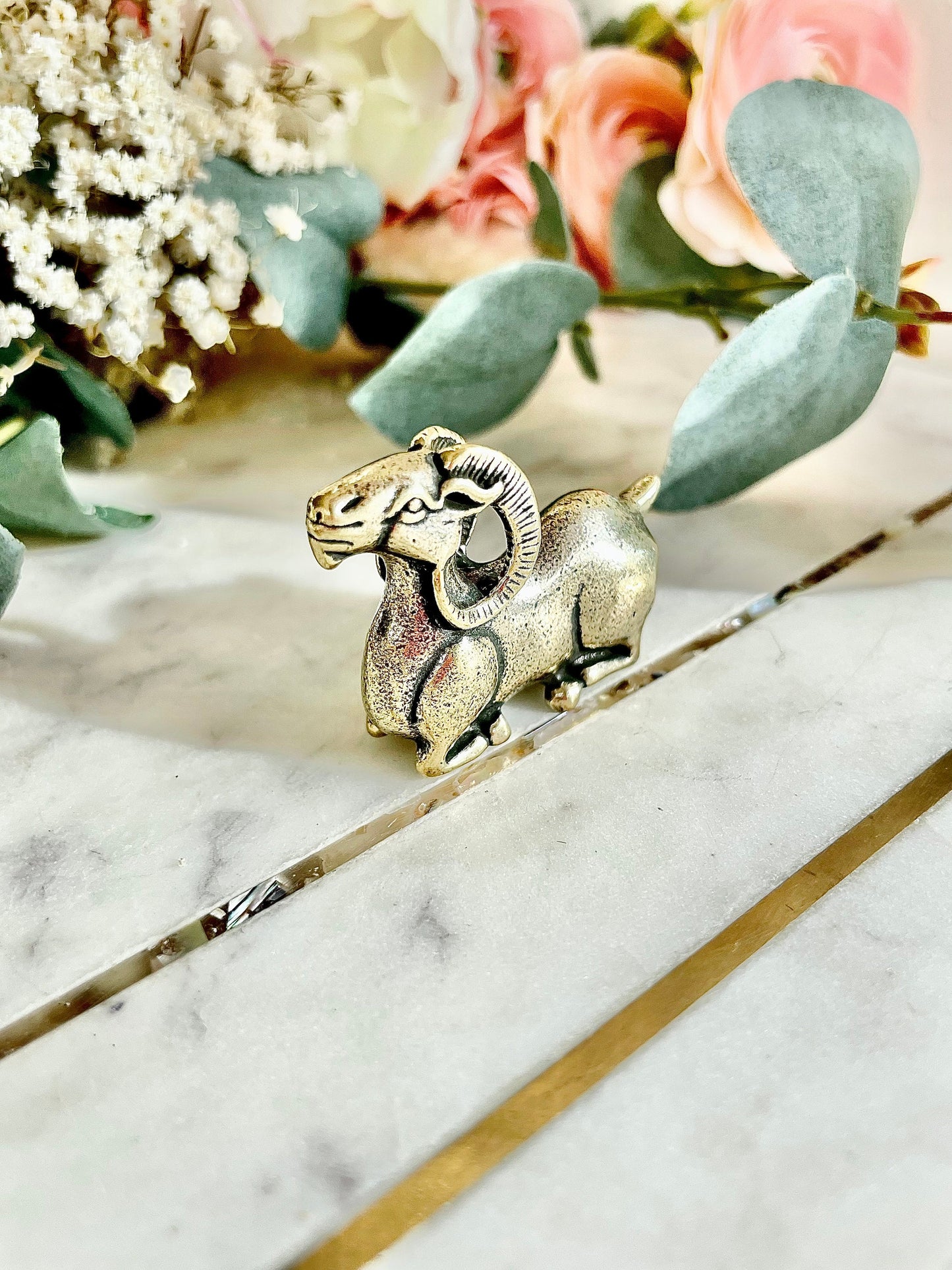 Japanese style solid brass goat statuette, metal ram figurine , animal paperweight