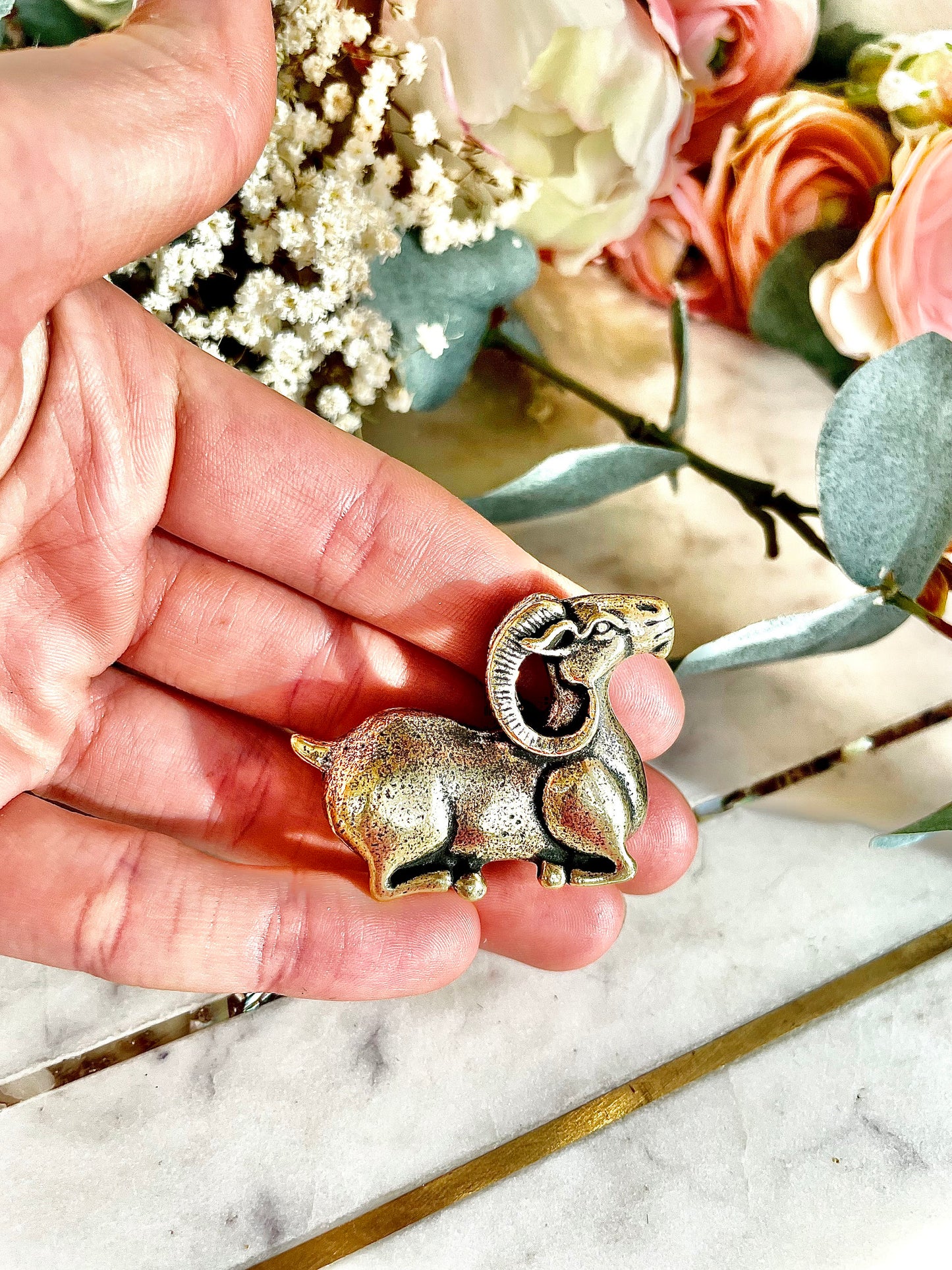 Japanese style solid brass goat statuette, metal ram figurine , animal paperweight