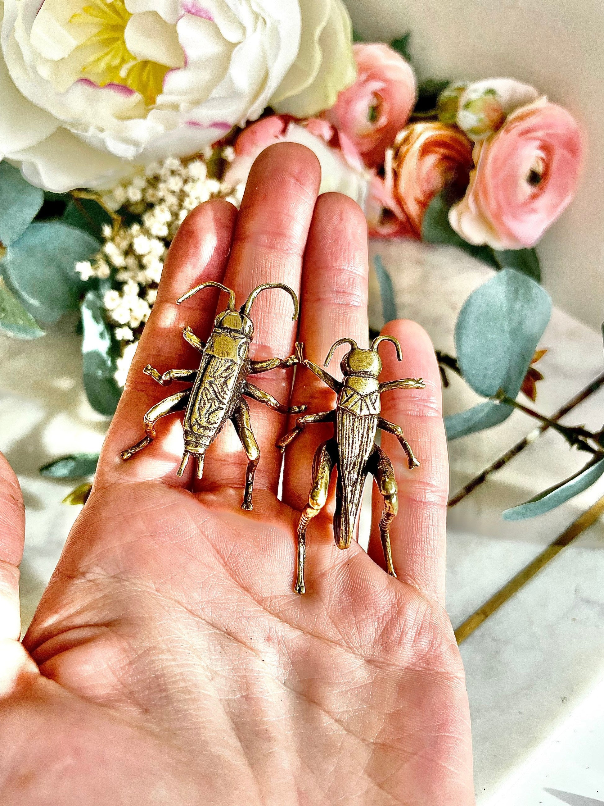 Fine lifelike Solid brass buzzing grasshopper figurine, Cricket Miniature, insect gift