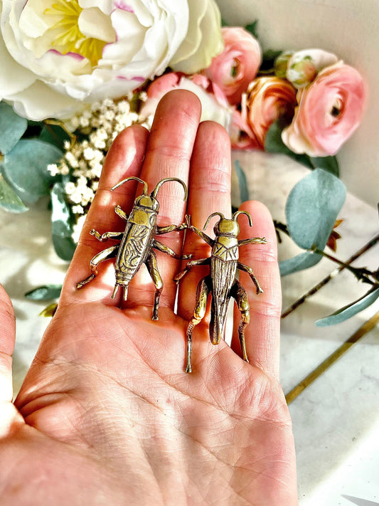Fine lifelike Solid brass buzzing grasshopper figurine, Cricket Miniature, insect gift