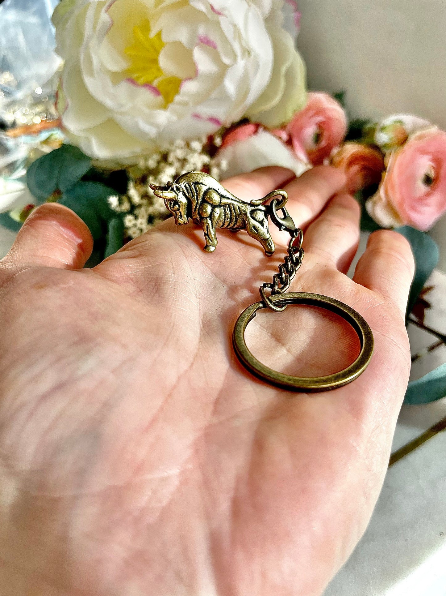 Solid Brass Bull small figurine, Horns charge Bullish, Taurus pendant, bull keychain, Spanish Bull pendant