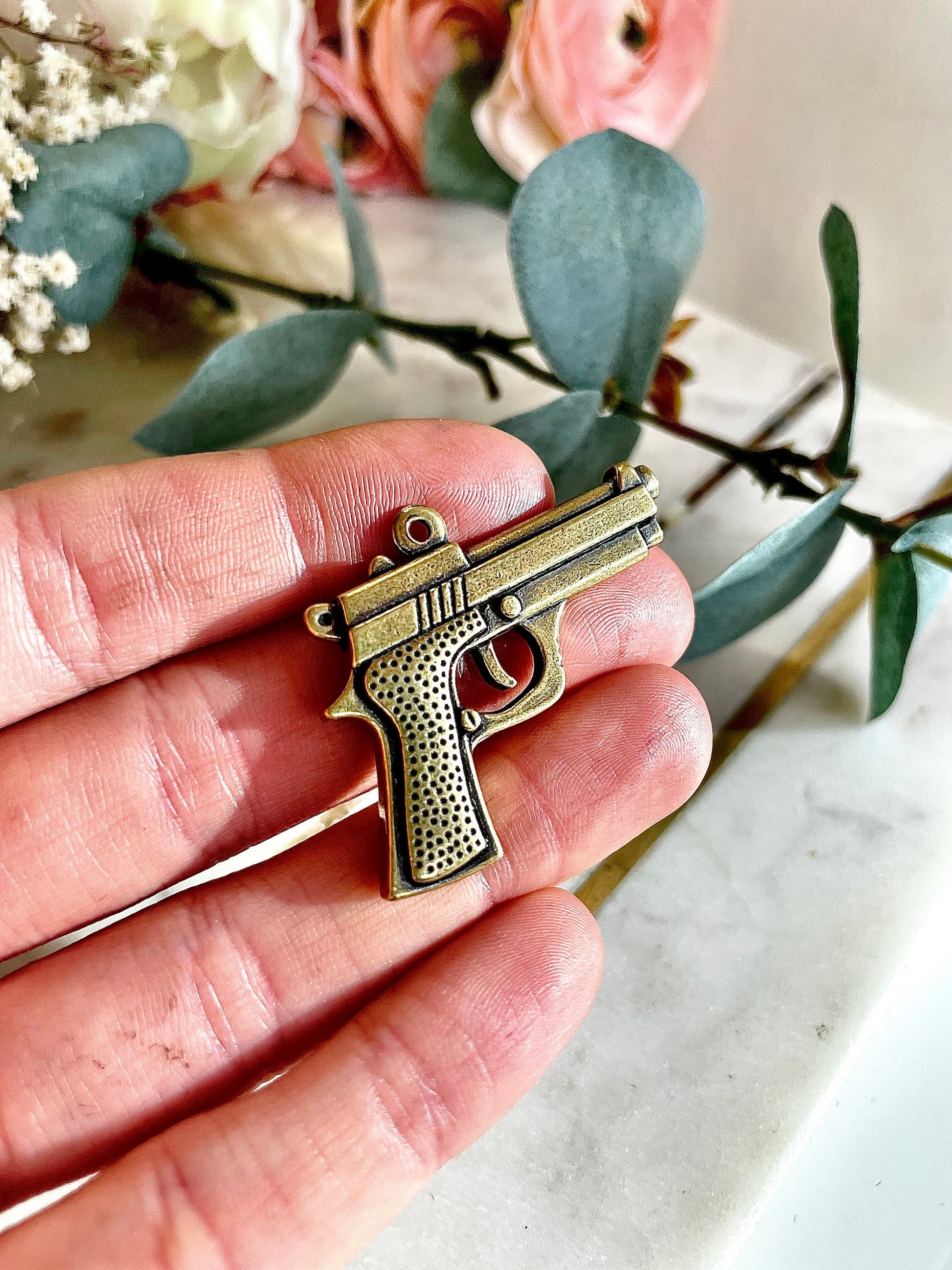 Pistol Pendant Necklace - Solid Brass Gun Pendant, Metal Weapon Keychain