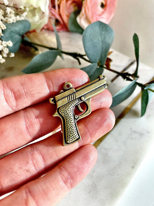 Pistol Pendant Necklace - Solid Brass Gun Pendant, Metal Weapon Keychain