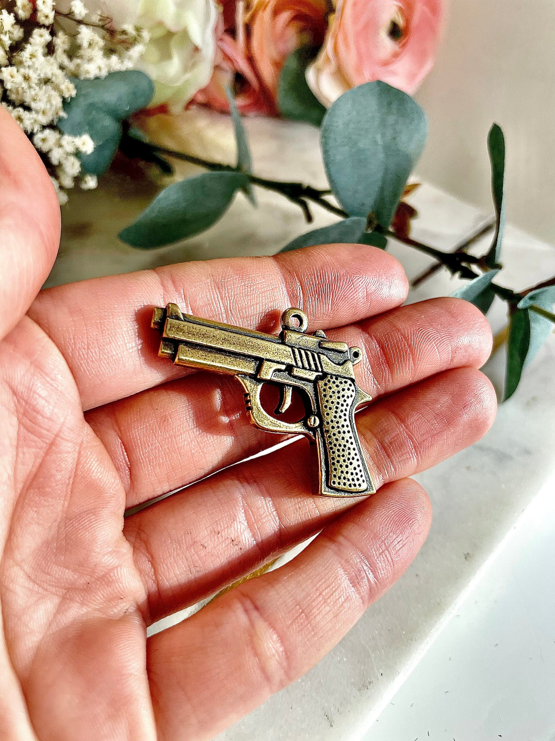 Pistol Pendant Necklace - Solid Brass Gun Pendant, Metal Weapon Keychain