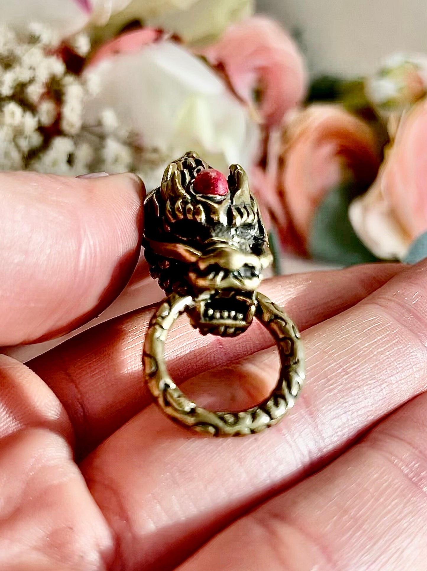 Solid Brass Chinese Dragon with red stone Keychain, Brass Dragon Head, Brass Key Ring Hook, Belt Hook