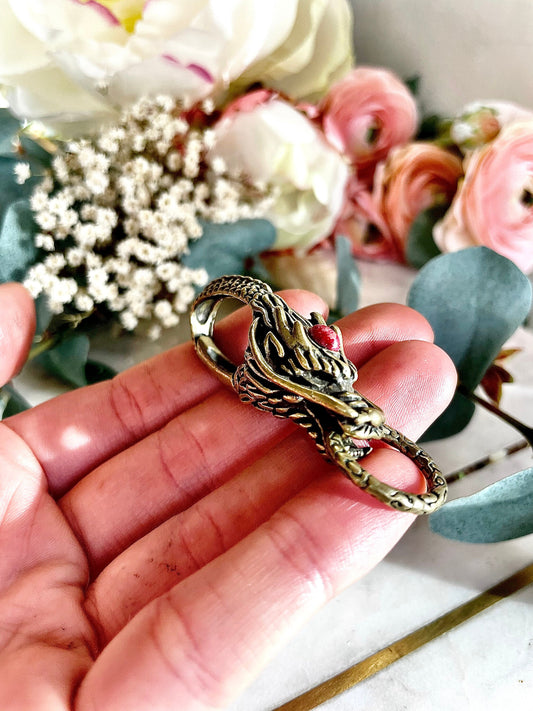 Solid Brass Chinese Dragon with red stone Keychain, Brass Dragon Head, Brass Key Ring Hook, Belt Hook