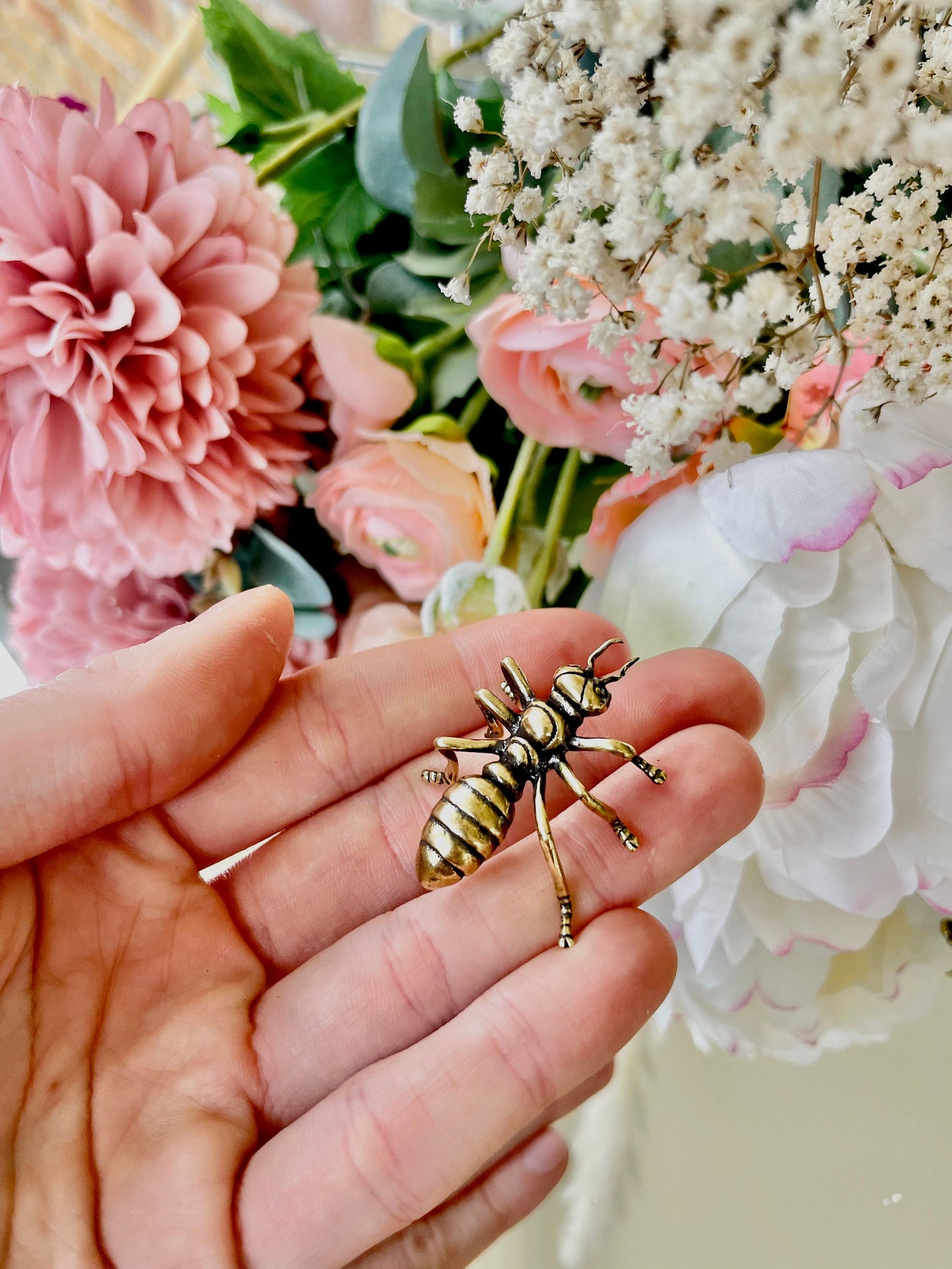 Solid Brass Smiling Ant Figurine, Hard working insect Sculpture, Feng Shui Sculpture, Collectible insect Miniature, plant pot decoration
