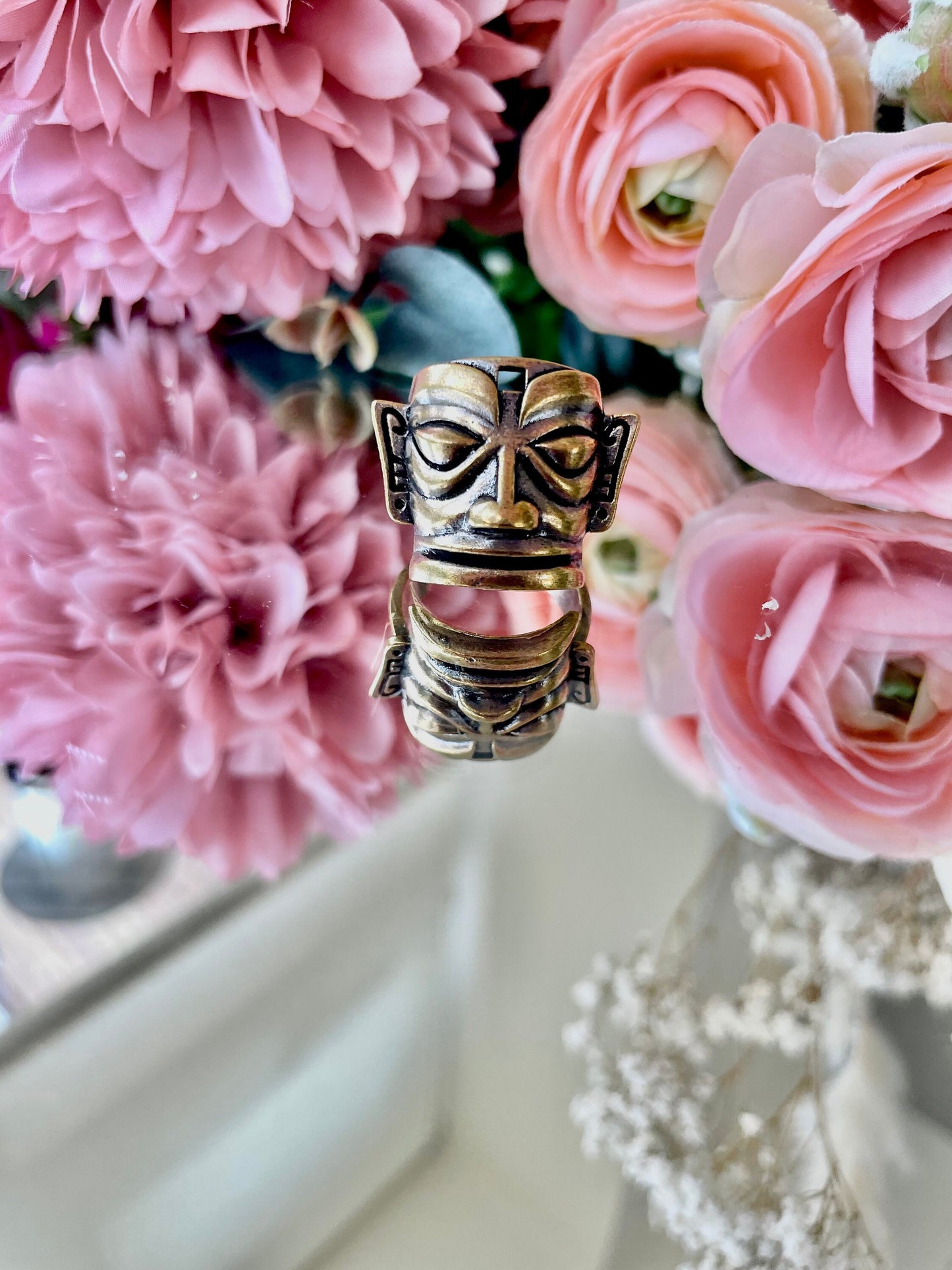 Solid brass Mayan Aztec Ring, Tribal Idol Jewellery, Native American item, Metal Aztec adjustable ring
