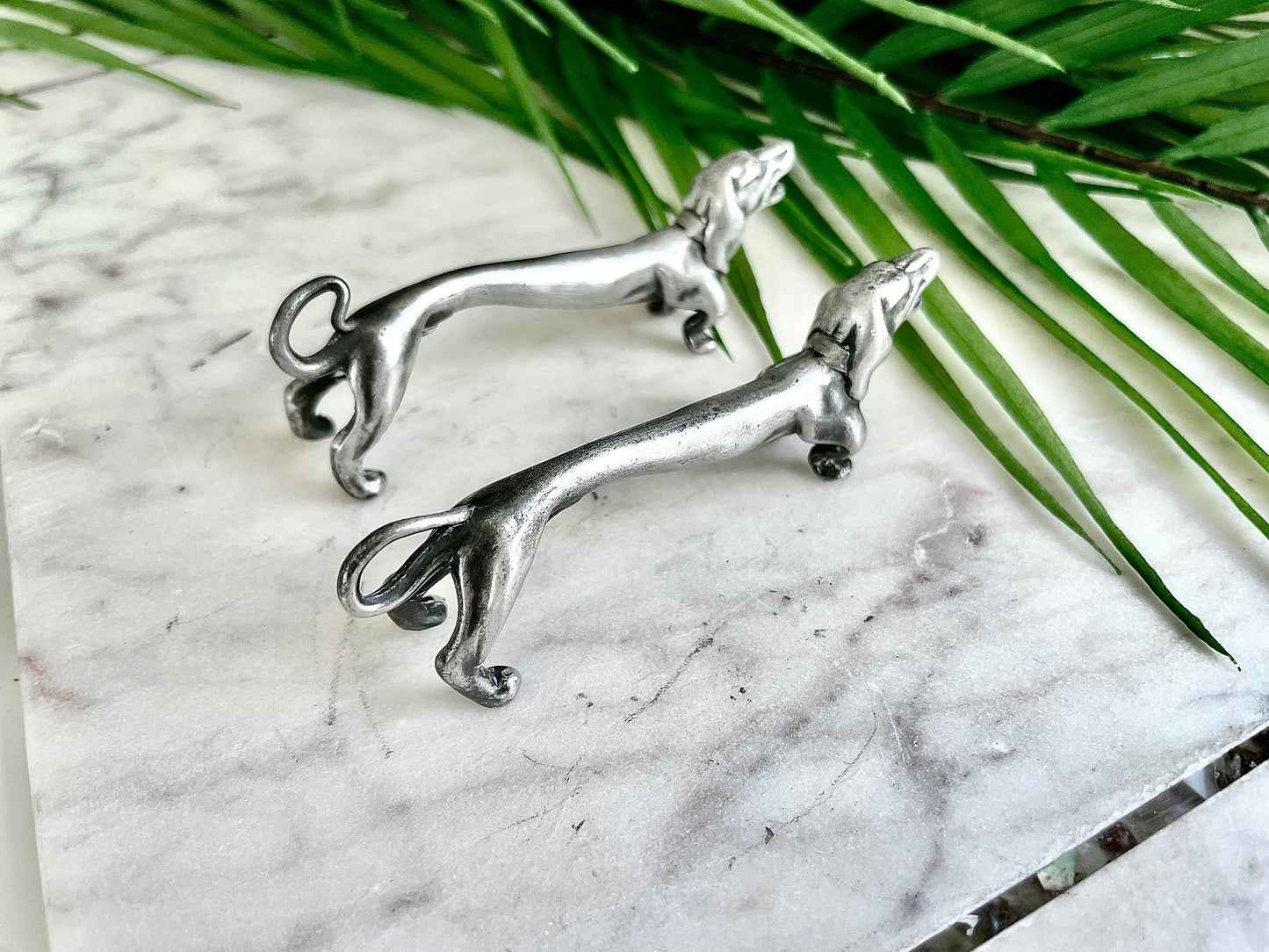 Vintage Pair Of Novelty Silver Plated modelled as barking Dachshund Dog Knife Rests, sausage Dog Cutlery rests