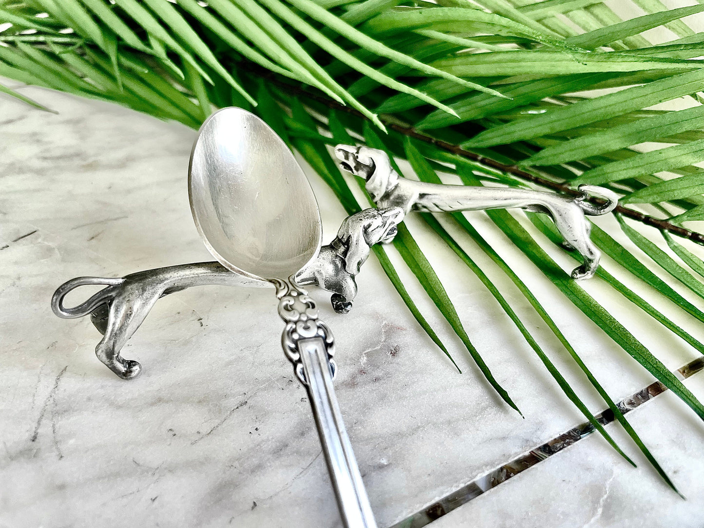 Vintage Pair Of Novelty Silver Plated modelled as barking Dachshund Dog Knife Rests, sausage Dog Cutlery rests