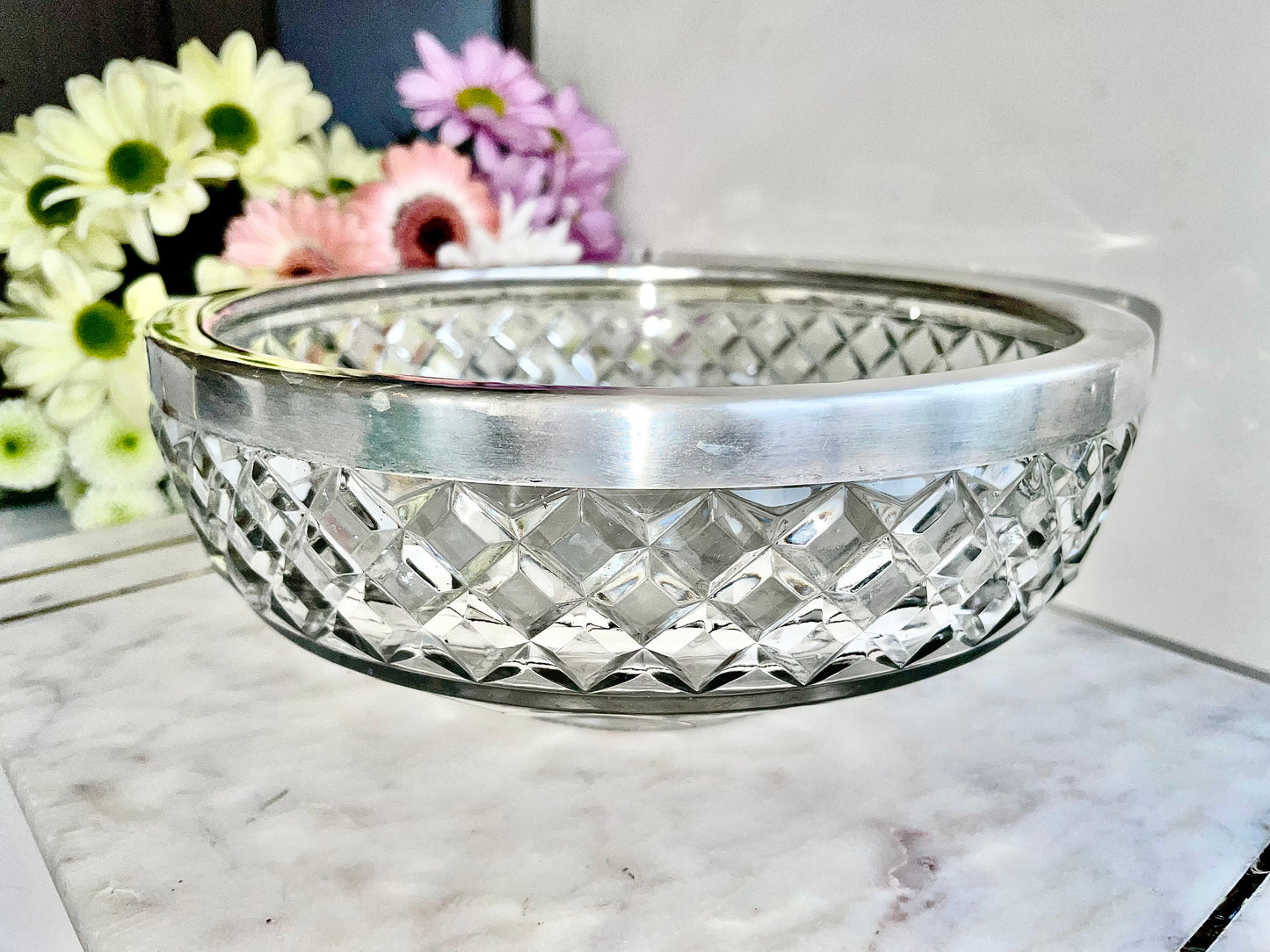 Exquisite Vintage Crystal Heavy Cut Glass bowl rimmed with EPNS Silver plated Ring Made in England, British Vintage Dinning