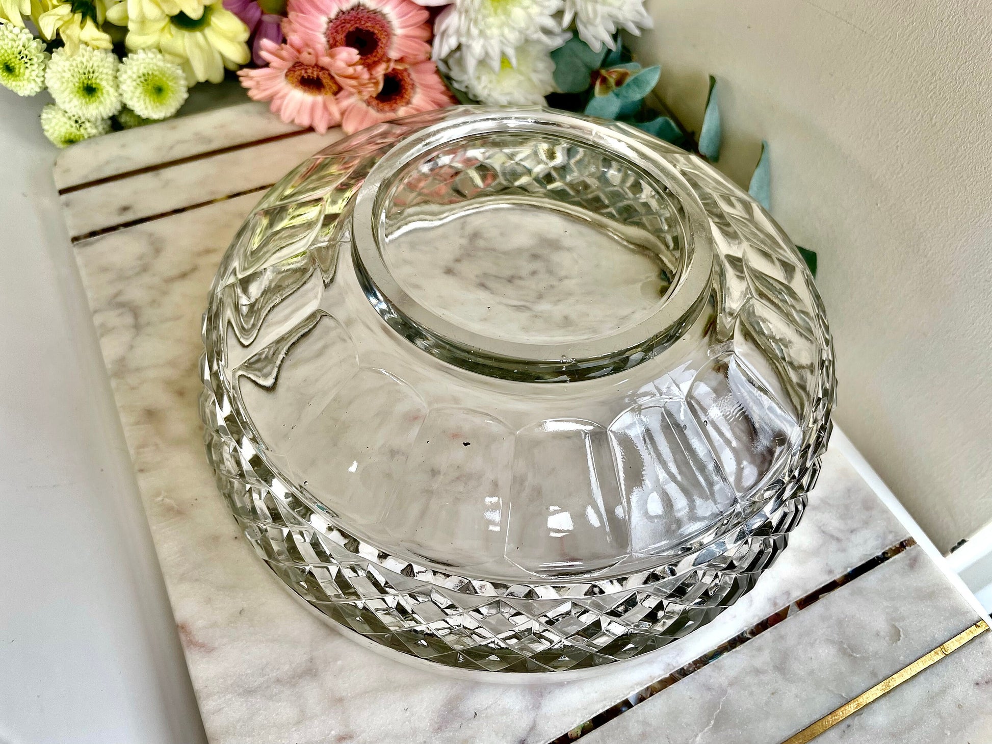 Exquisite Vintage Crystal Heavy Cut Glass bowl rimmed with EPNS Silver plated Ring Made in England, British Vintage Dinning