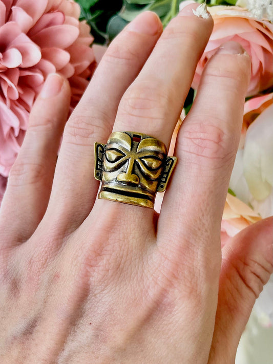 Solid brass Mayan Aztec Ring, Tribal Idol Jewellery, Native American item, Metal Aztec adjustable ring