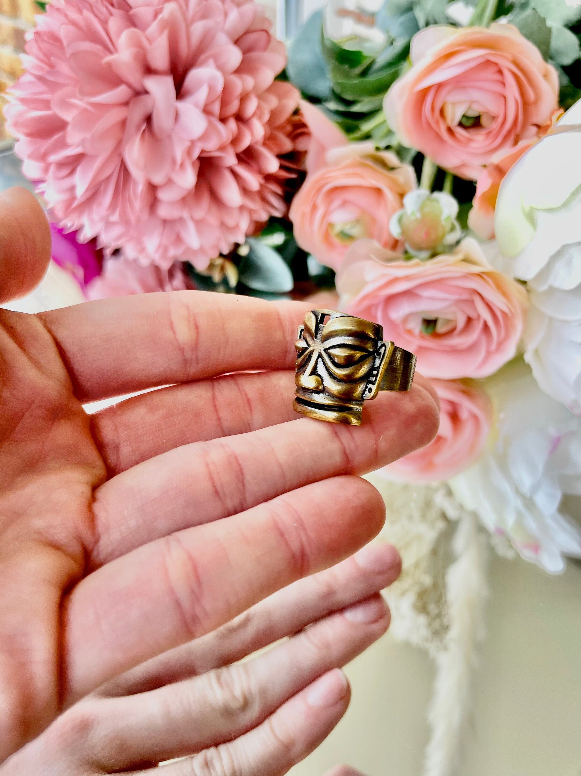 Solid brass Mayan Aztec Ring, Tribal Idol Jewellery, Native American item, Metal Aztec adjustable ring