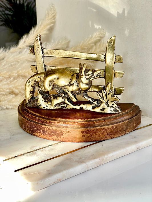 1930’s Charming Vintage Brass Fox Letter Rack with Hardwood Base, Classic Desktop accessories