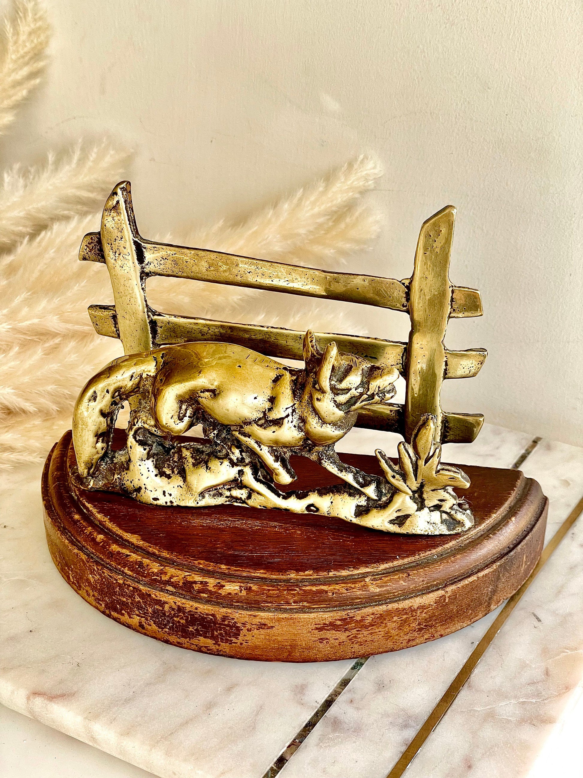 1930’s Charming Vintage Brass Fox Letter Rack with Hardwood Base, Classic Desktop accessories