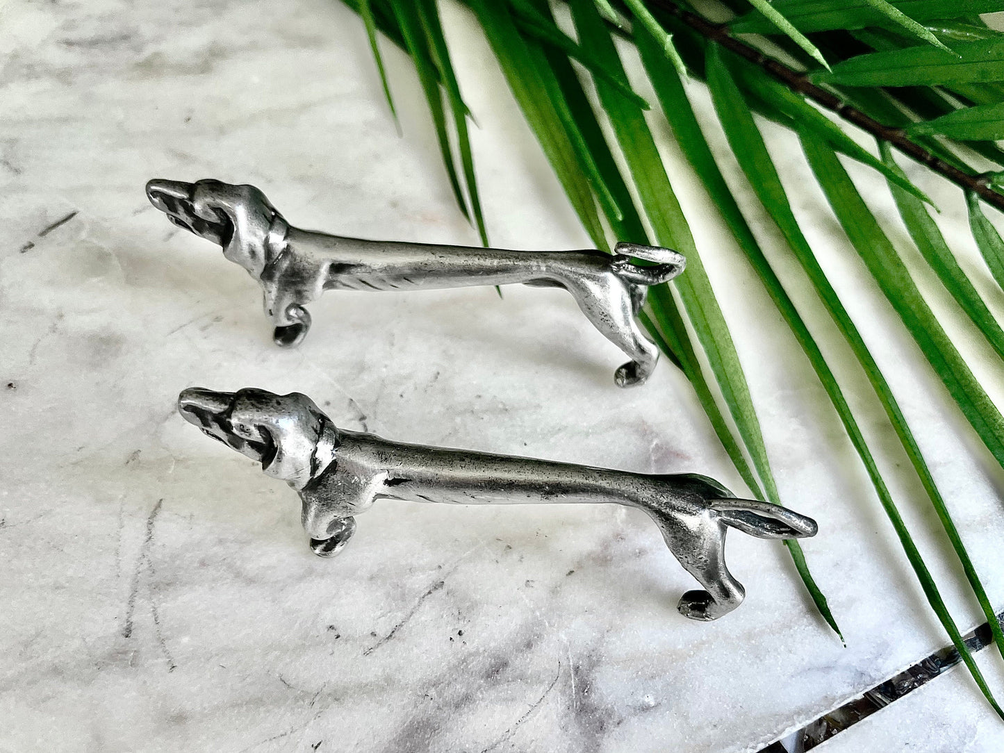 Vintage Pair Of Novelty Silver Plated modelled as barking Dachshund Dog Knife Rests, sausage Dog Cutlery rests