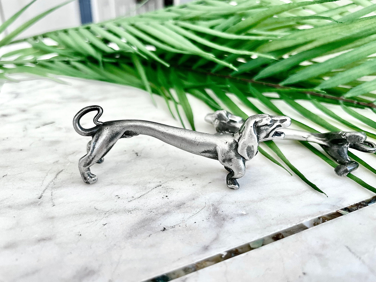 Vintage Pair Of Novelty Silver Plated modelled as barking Dachshund Dog Knife Rests, sausage Dog Cutlery rests