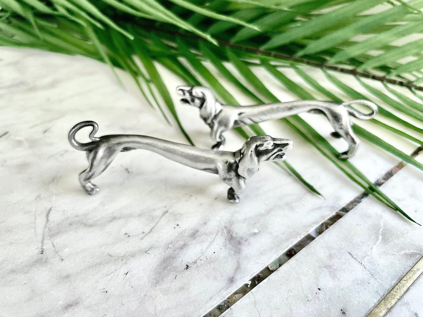 Vintage Pair Of Novelty Silver Plated modelled as barking Dachshund Dog Knife Rests, sausage Dog Cutlery rests