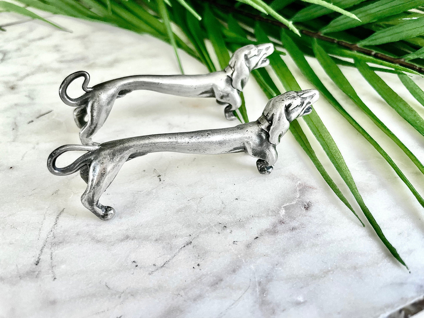 Vintage Pair Of Novelty Silver Plated modelled as barking Dachshund Dog Knife Rests, sausage Dog Cutlery rests