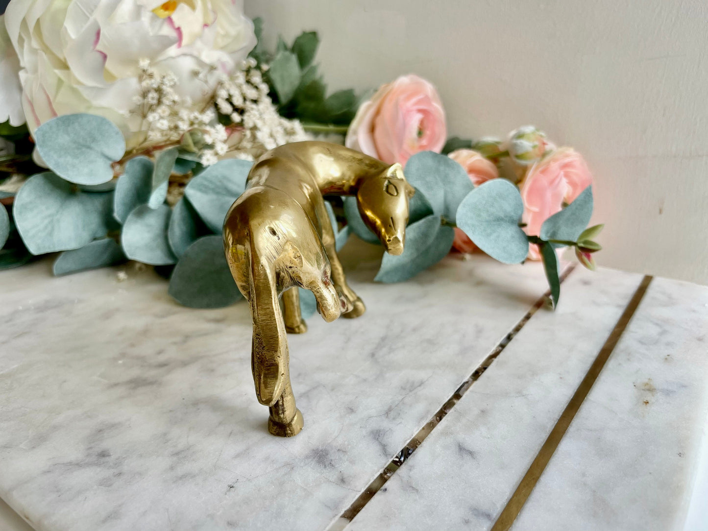 Vintage solid brass small horse grooms itself statue figurine