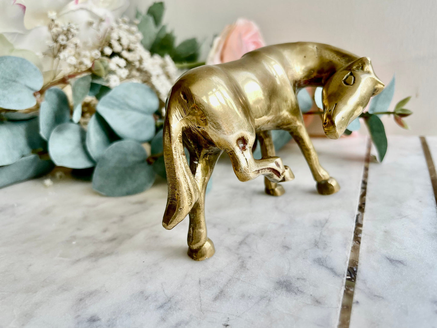 Vintage solid brass small horse grooms itself statue figurine