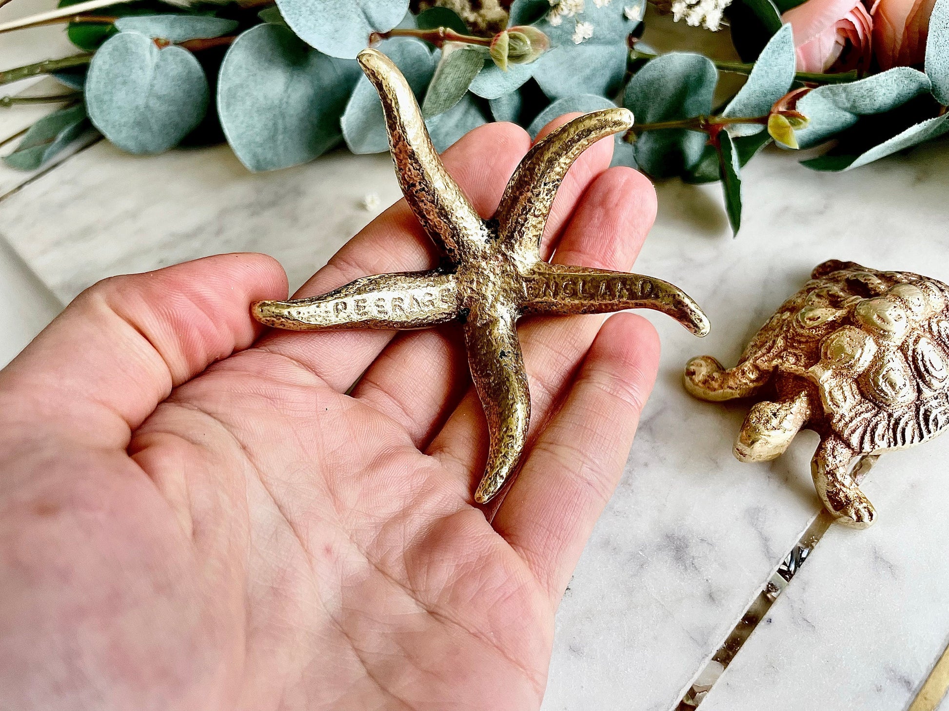 Rare Vintage Solid Brass Peerage Starfish and Turtle Home Decor, Mid Century Brass Starfish and Turtle Collectibles, Brass Starfish - 50s