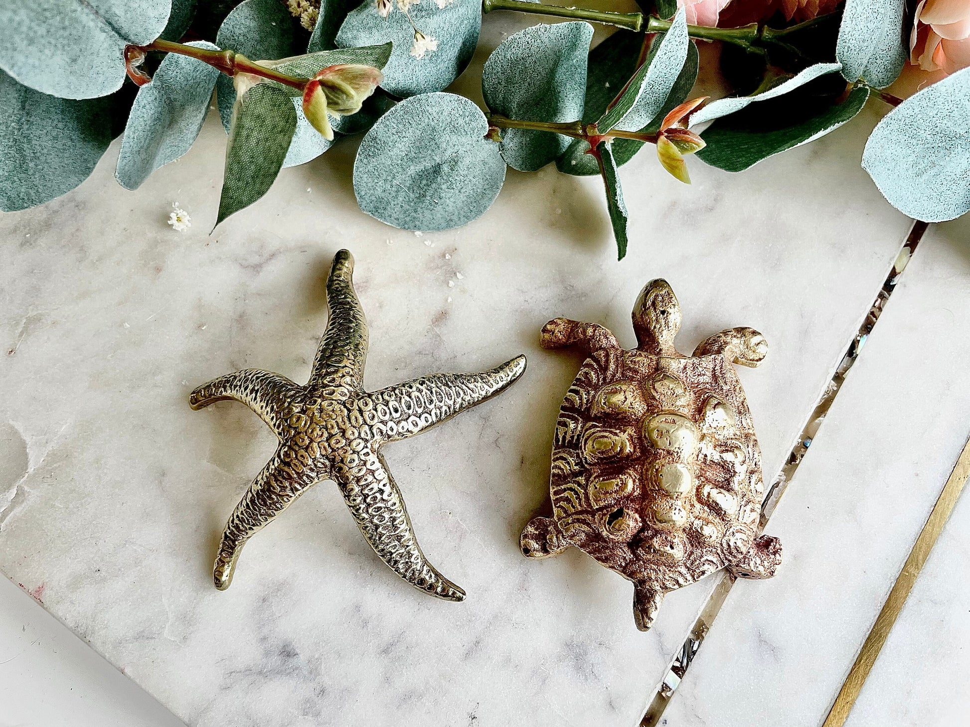 Rare Vintage Solid Brass Peerage Starfish and Turtle Home Decor, Mid Century Brass Starfish and Turtle Collectibles, Brass Starfish - 50s