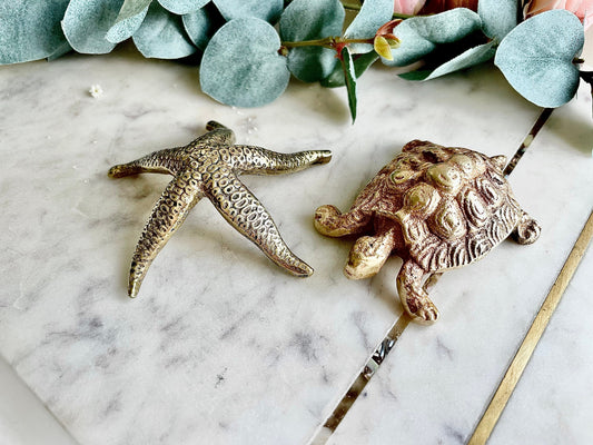Rare Vintage Solid Brass Peerage Starfish and Turtle Home Decor, Mid Century Brass Starfish and Turtle Collectibles, Brass Starfish - 50s