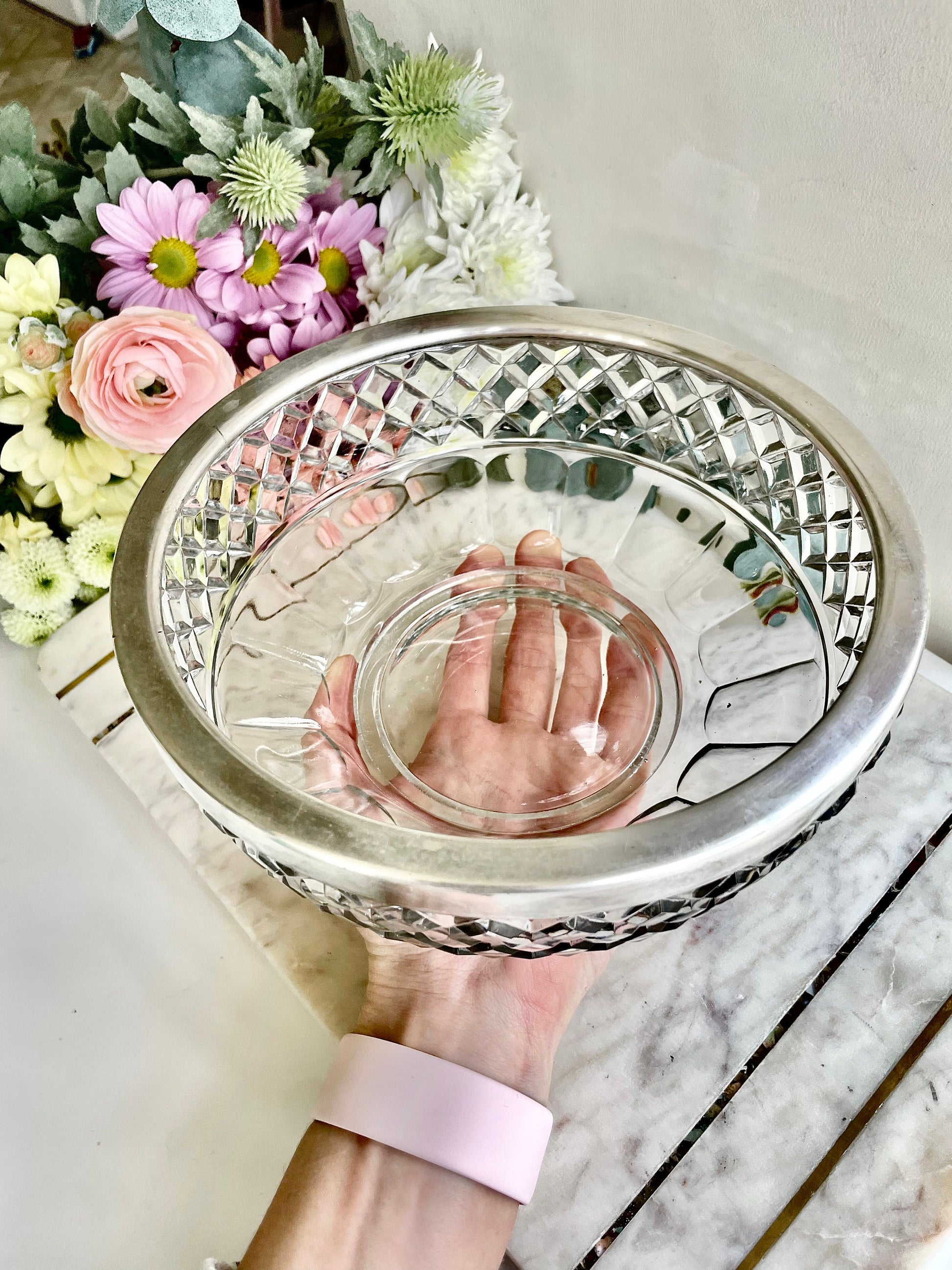 Exquisite Vintage Crystal Heavy Cut Glass bowl rimmed with EPNS Silver plated Ring Made in England, British Vintage Dinning