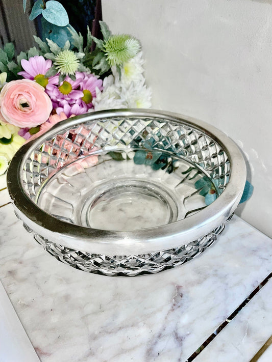 Exquisite Vintage Crystal Heavy Cut Glass bowl rimmed with EPNS Silver plated Ring Made in England, British Vintage Dinning