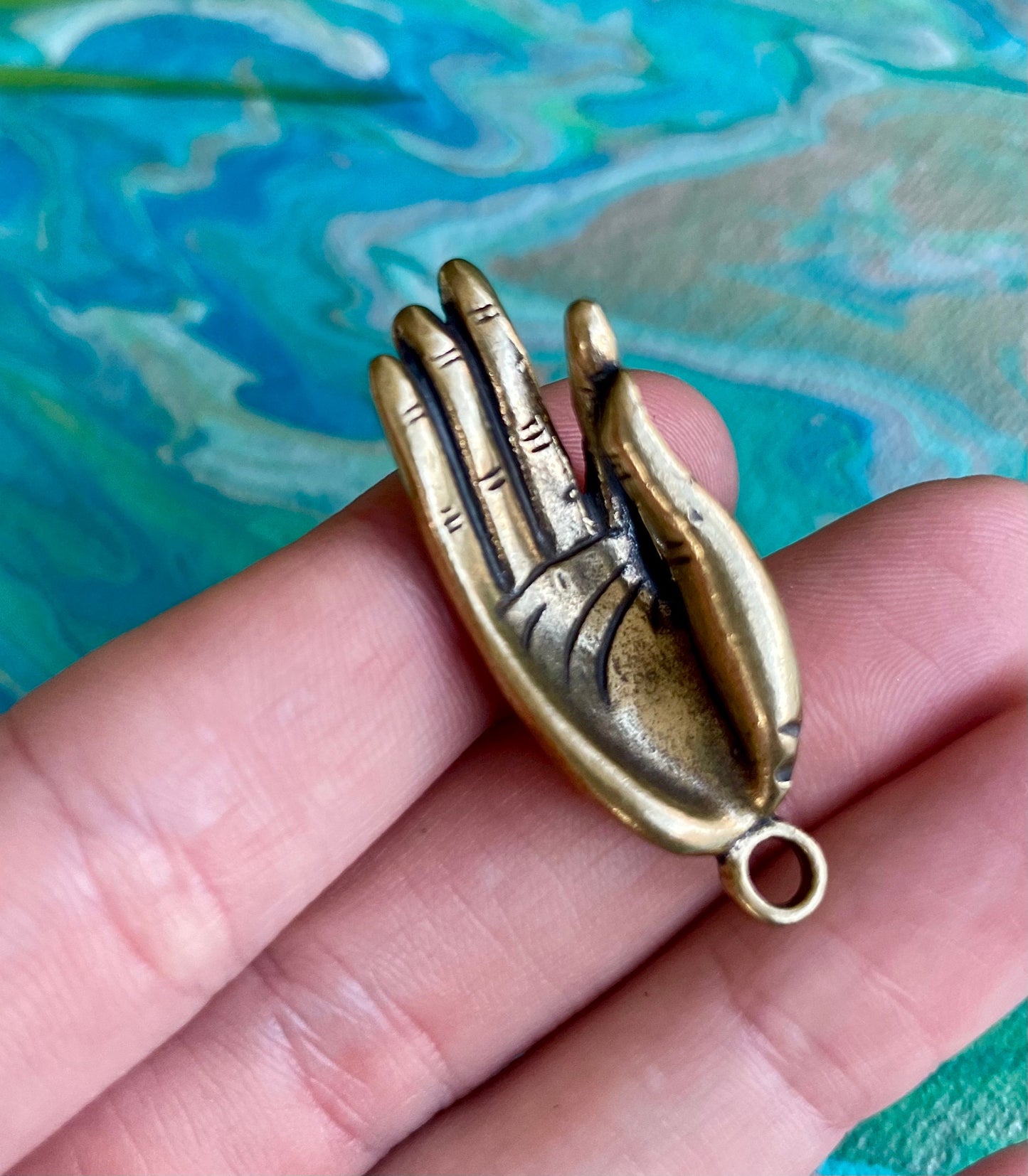 Solid brass Pendant Gyan mudra hand, Palm Buddha, Mudra Talisman, Hand Add consciousness Fortune, Thai Amulet, Buddhist prayer hand keychain