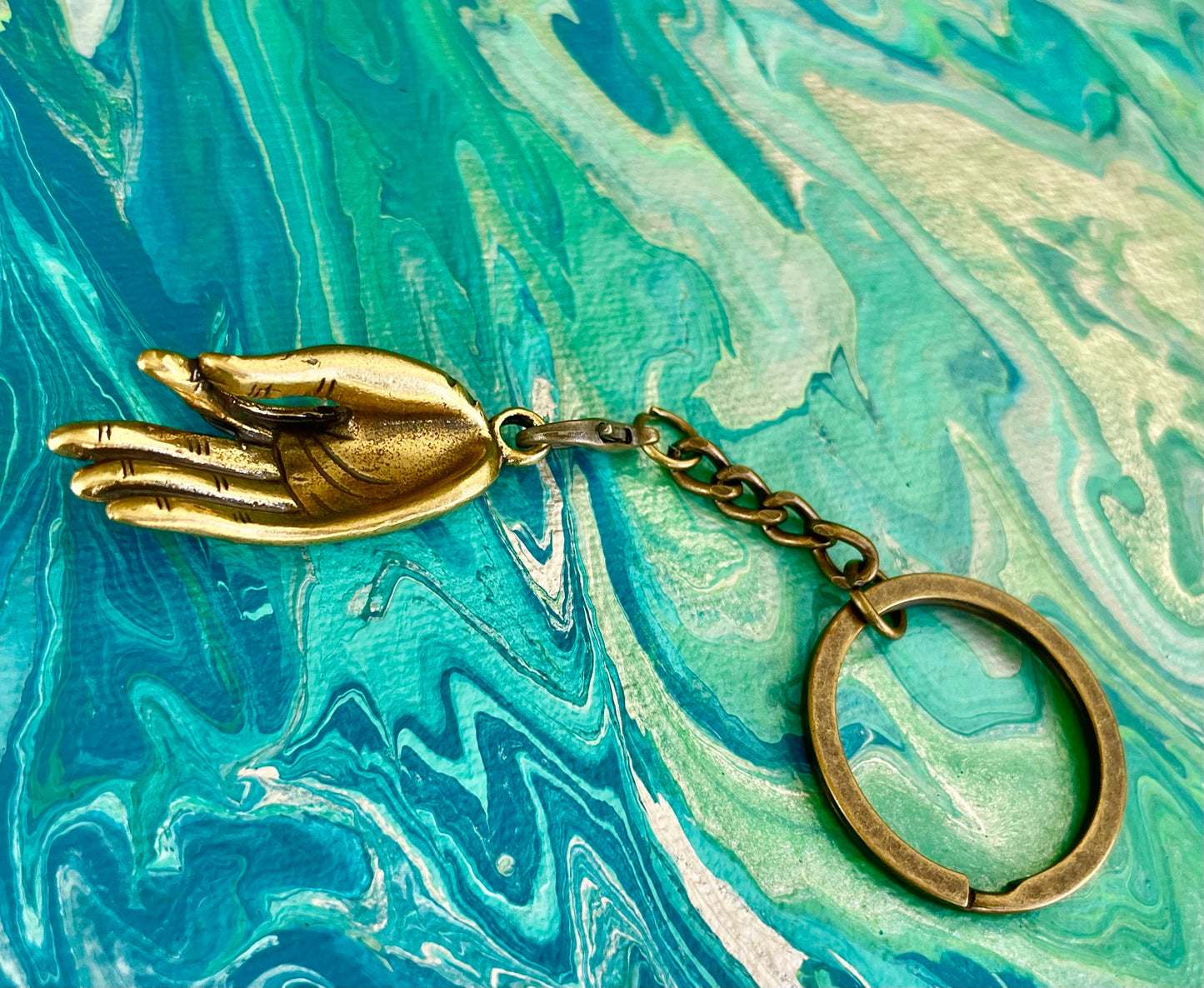 Solid brass Pendant Gyan mudra hand, Palm Buddha, Mudra Talisman, Hand Add consciousness Fortune, Thai Amulet, Buddhist prayer hand keychain