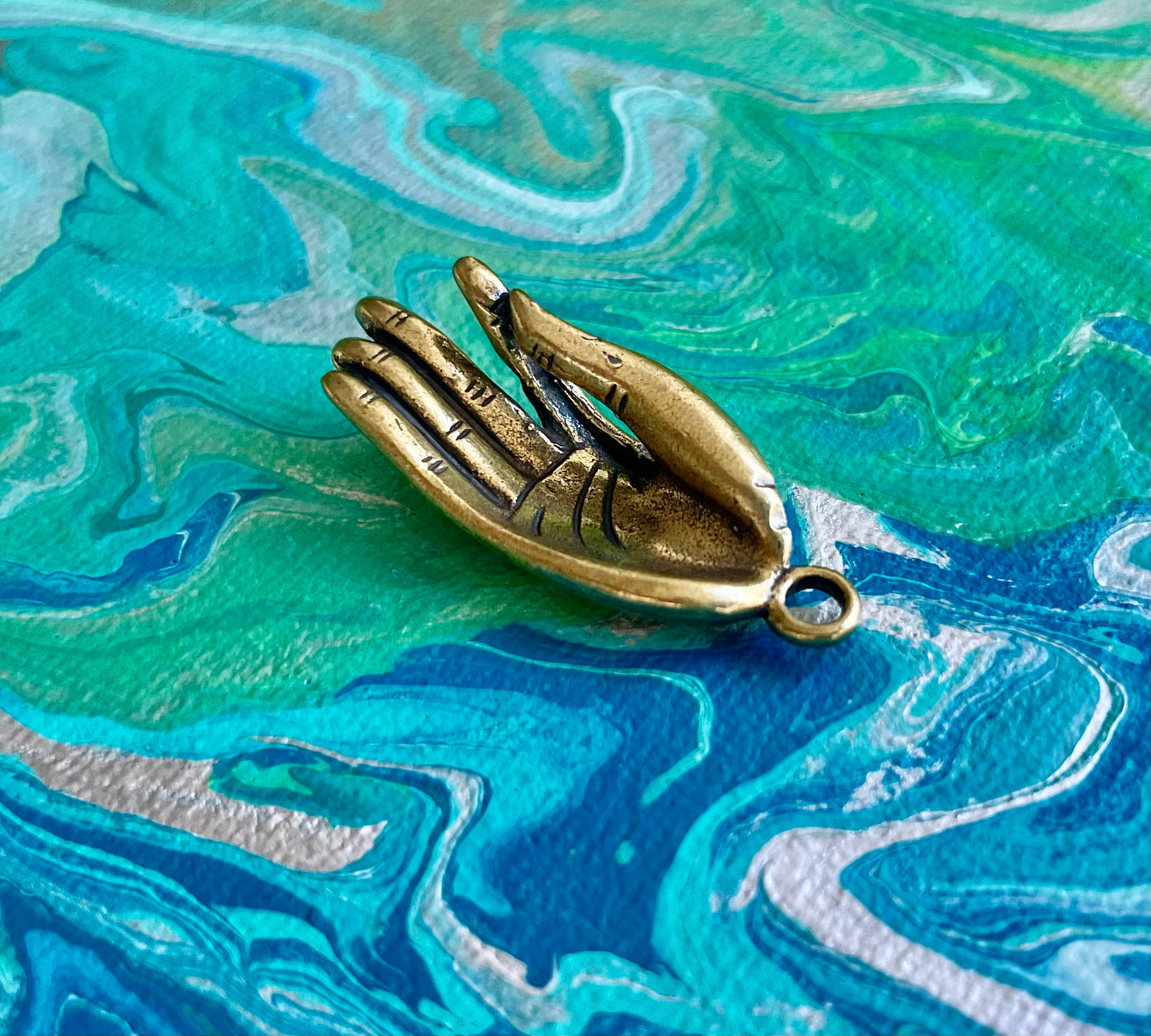 Solid brass Pendant Gyan mudra hand, Palm Buddha, Mudra Talisman, Hand Add consciousness Fortune, Thai Amulet, Buddhist prayer hand keychain