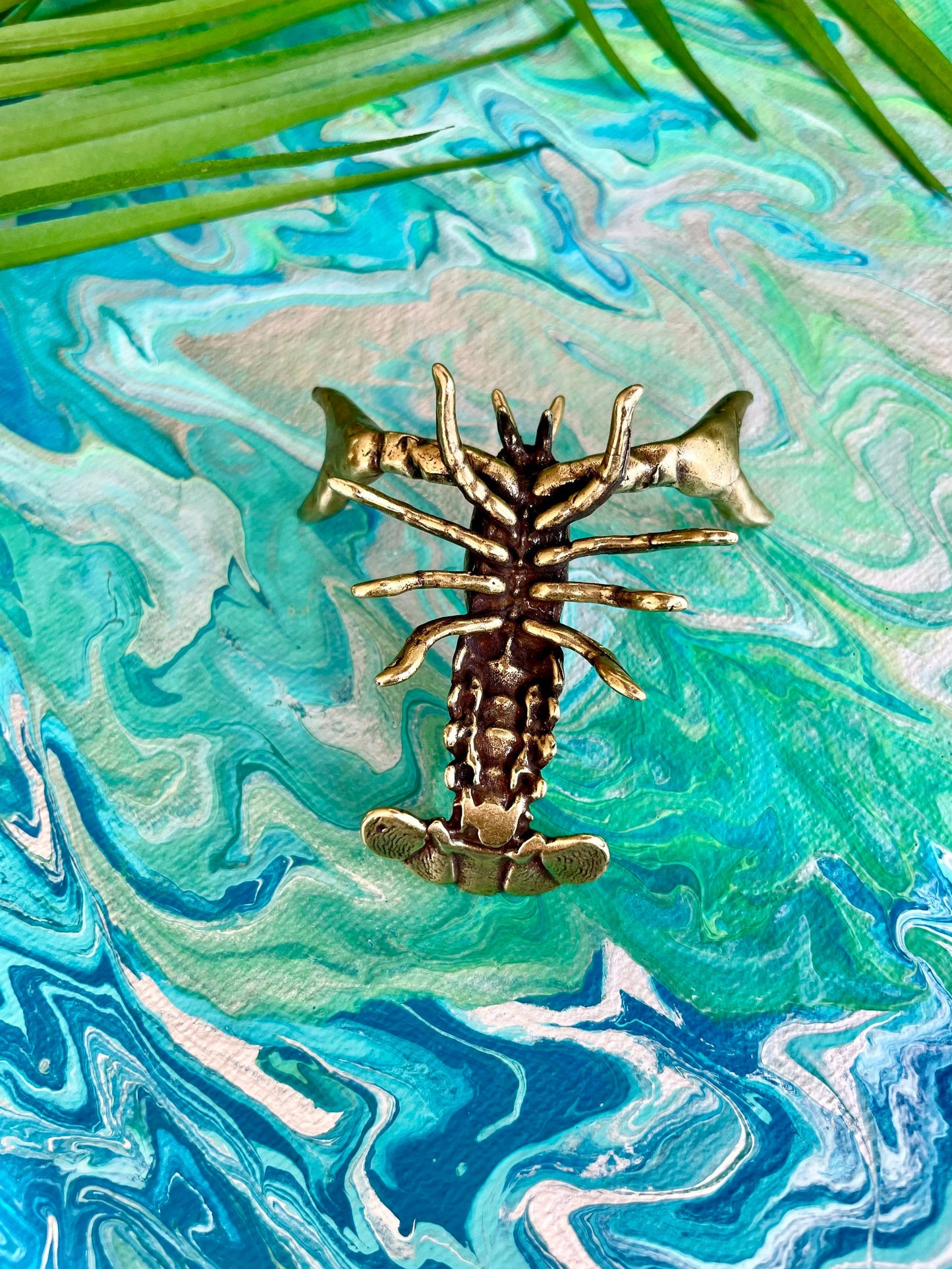 Mighty Lobster, lifelike solid brass sculpture, Pen rest, Brush holder, Paperweight, Desktop ornament, Gift for boss, Creative gift