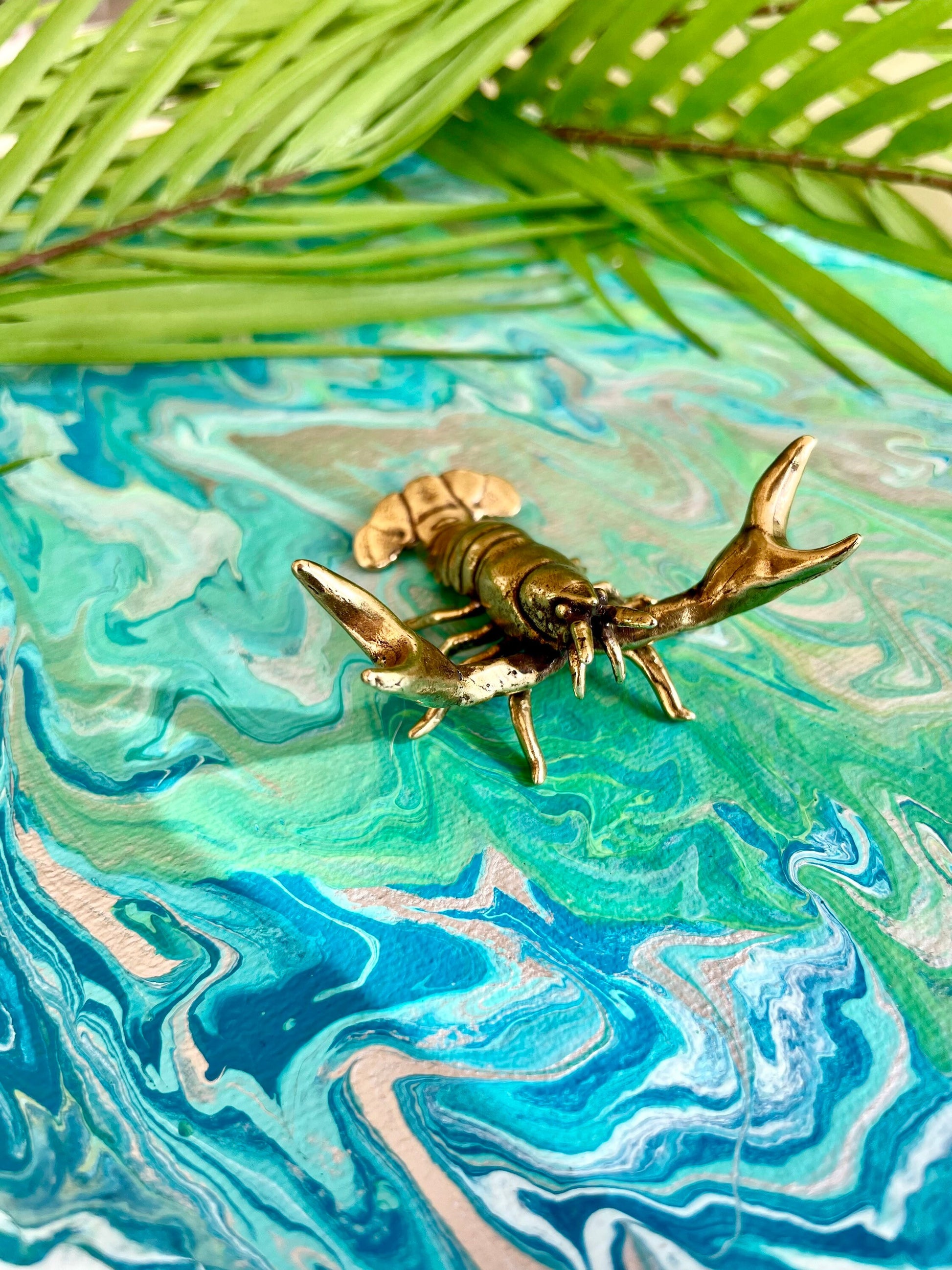 Mighty Lobster, lifelike solid brass sculpture, Pen rest, Brush holder, Paperweight, Desktop ornament, Gift for boss, Creative gift