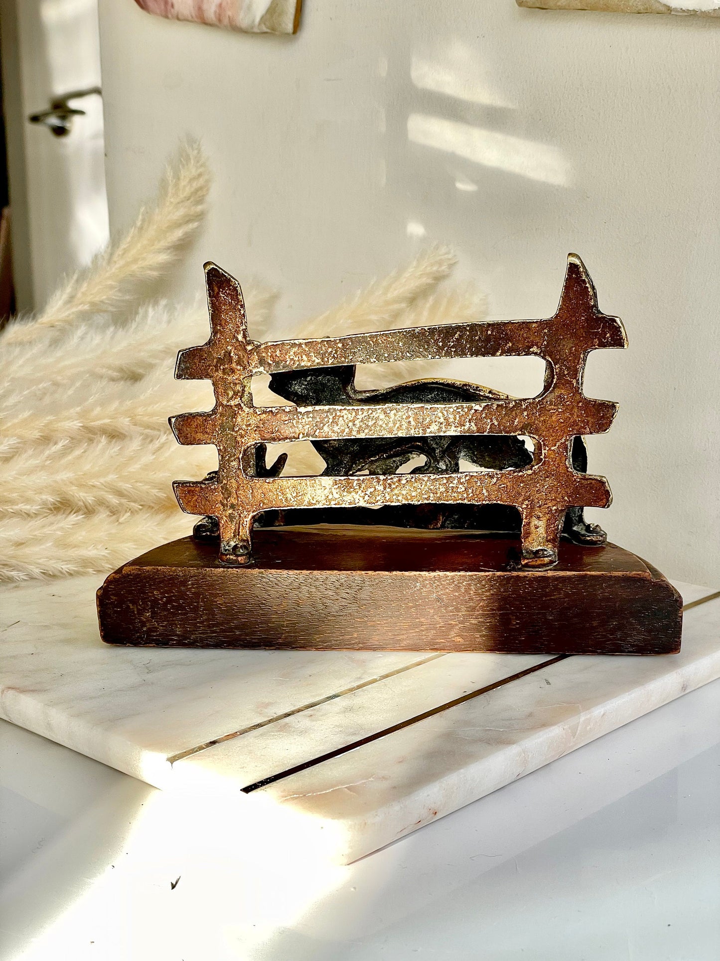 1930’s Charming Vintage Brass Fox Letter Rack with Hardwood Base, Classic Desktop accessories
