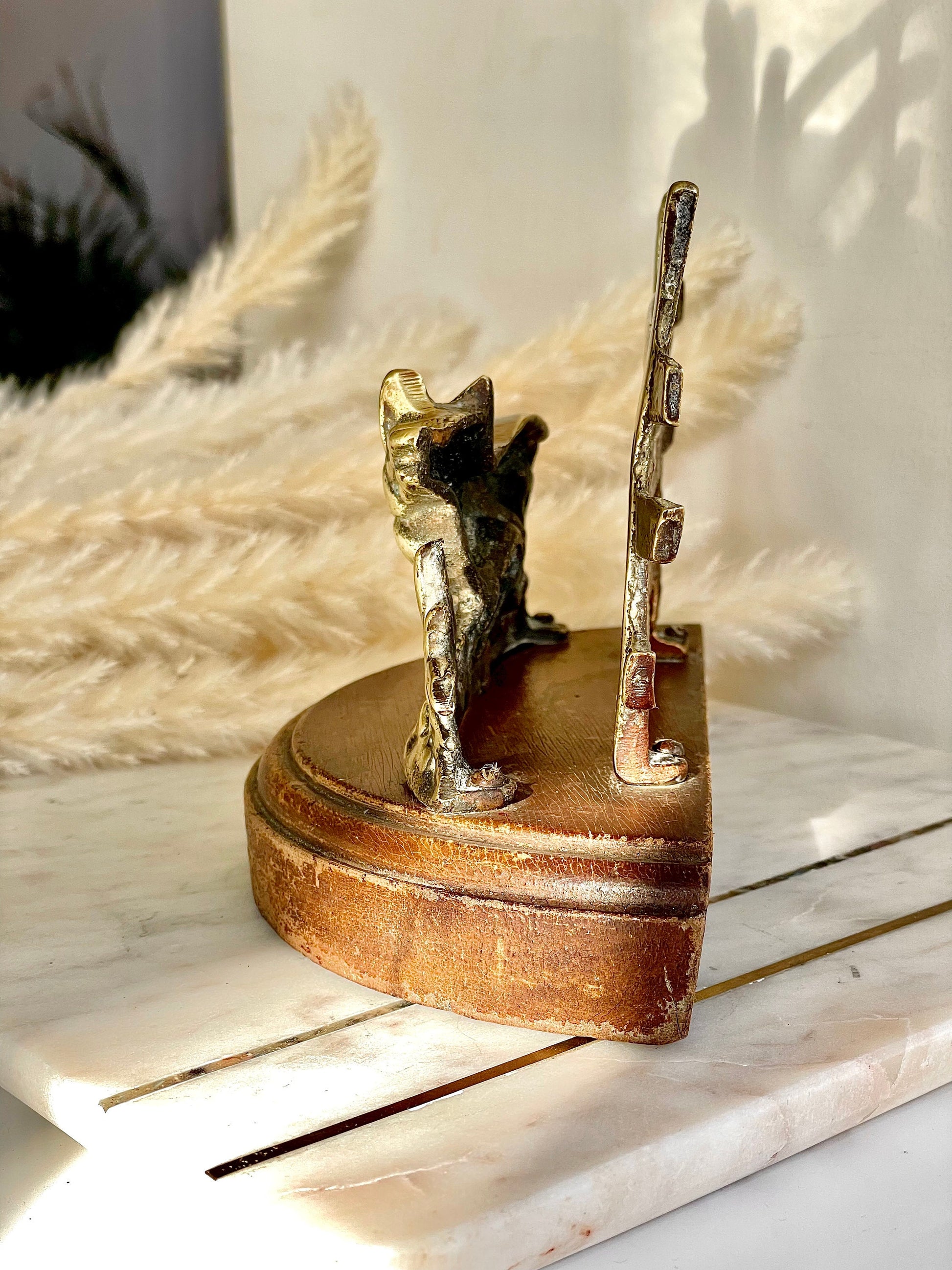 1930’s Charming Vintage Brass Fox Letter Rack with Hardwood Base, Classic Desktop accessories