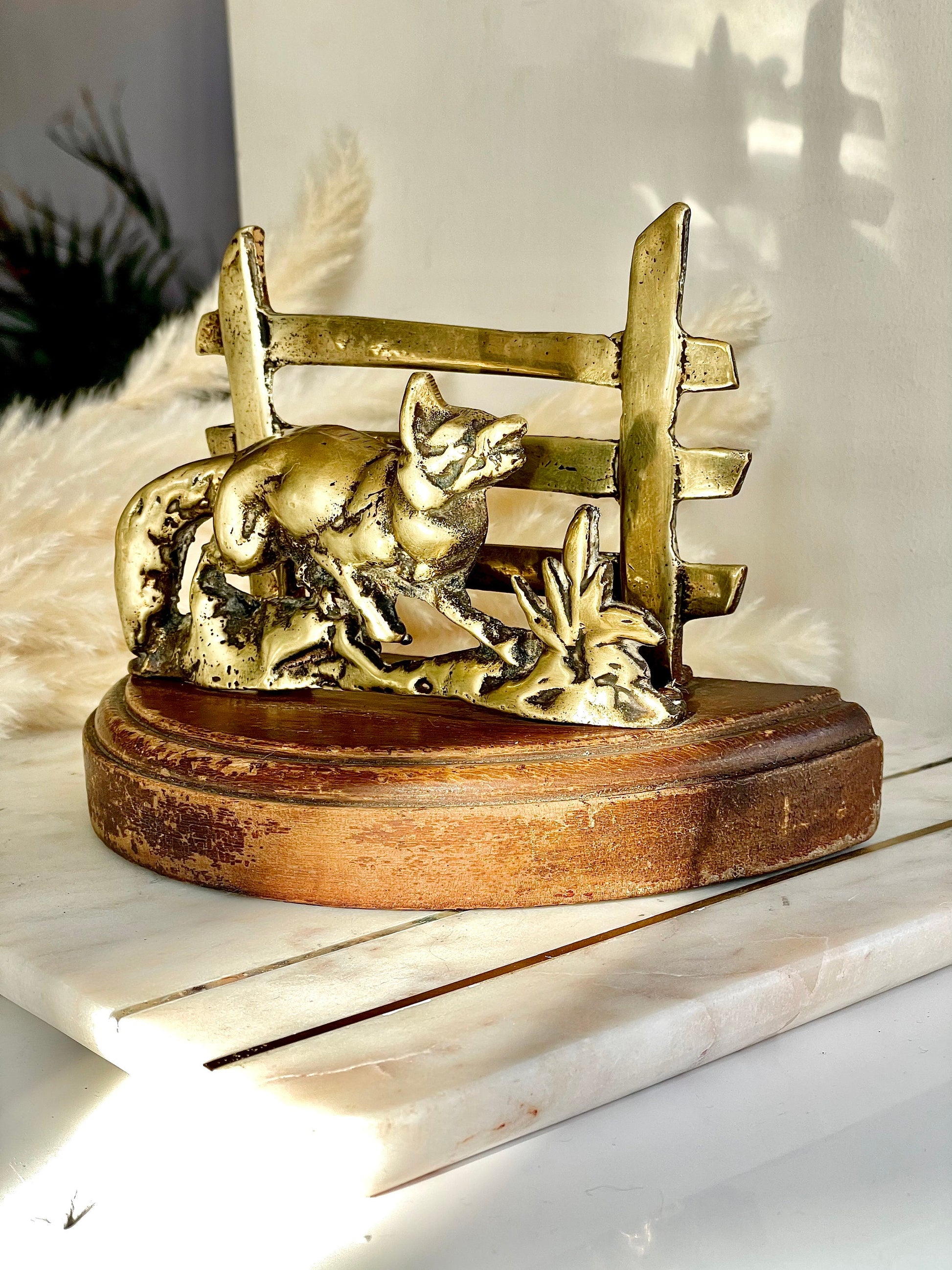 1930’s Charming Vintage Brass Fox Letter Rack with Hardwood Base, Classic Desktop accessories