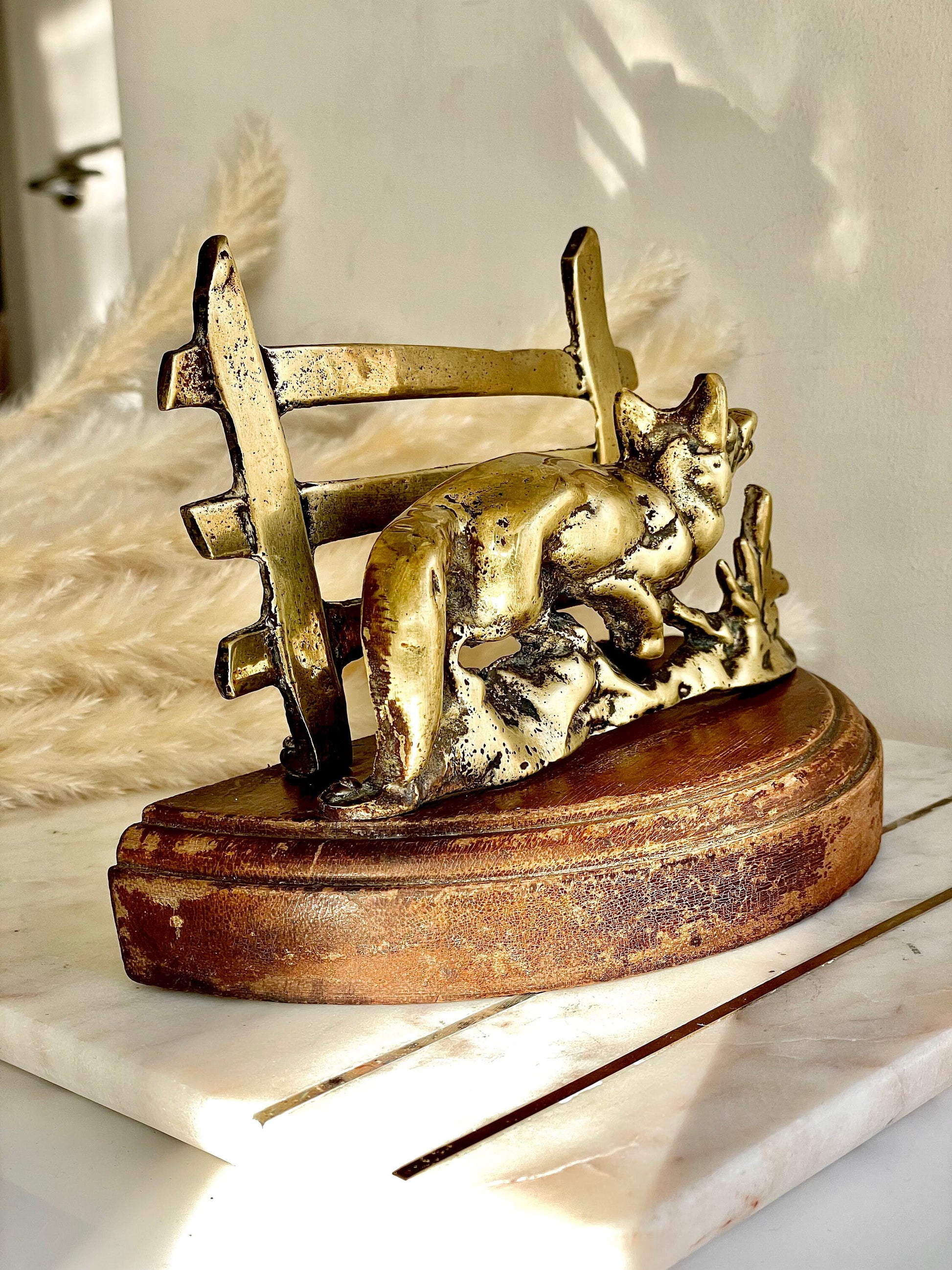 1930’s Charming Vintage Brass Fox Letter Rack with Hardwood Base, Classic Desktop accessories